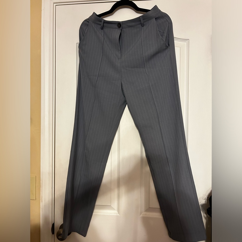 Grey pinstriped straight leg work pants
